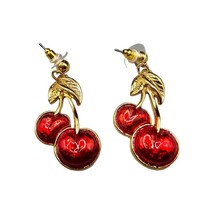 Signed Avon Double Cherry Pierced Dangle  Earrings Enamel Gold Tone Leav... - $14.10