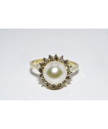 $2,500 14K Gold 7.65MM .22CT Natural Cultured Pearl &amp; Diamond Cocktail Ring - $691.05