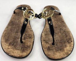 Michael Kors Cork Sandals Women&#39;s Size 8 Black Gold MK Logo PVC Flip Flop - £24.73 GBP