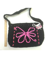 Black Soft Yarn Knit w Pink Flower Design &amp; Beads Shoulder  Handbag NEW - £15.88 GBP