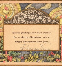 c1930 Christmas and New Year Greetings Gold Gilt Gift Card Holly Candles - £11.88 GBP