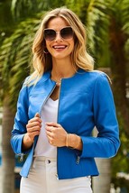 Women Leather Jacket Blue Casual Pure Lambskin Size XS S M L XL XXL Custom Made - £113.02 GBP