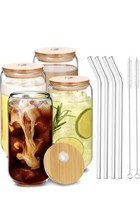 Drinking Glasses with Bamboo Lids and Glass Straw 4pcs Set - 16oz Can Shaped Gla - £28.02 GBP