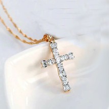 14K Argent Plaqué or Jaune 1.50Ct Coupe Ronde Moissanite Pendentif Croix Collier - $103.06