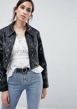 Women&#39;s Black Cropped Leather Silver Small Studded Patches Handcrafted J... - £161.82 GBP