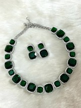 Bollywood Style Silver Plated Emerald CZ Choker Necklace Earrings Jewelry Set - £75.12 GBP