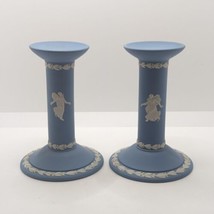 Wedgwood Jasperware Candlestick Holders, &quot;Dancing Hours&quot;, Pair, Blue, Vintage  - £50.59 GBP