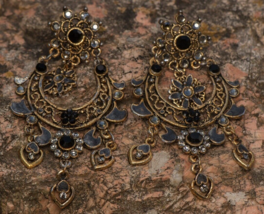 Indian Earrings Bollywood Big Long Rhinestone Vintage 80s Boho Gypsy Tribal - £16.40 GBP