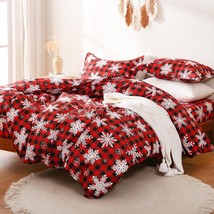 Red Buffalo Plaid Snowflakes Printed Duvet Cover Set Queen Size, 3 Piece Soft Ch - £36.96 GBP