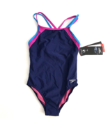 Speedo Youth Girl Swimsuit One Piece Solid Cross Back Multi Straps Navy Size 8 - $15.87