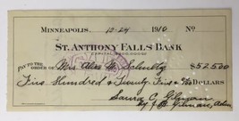 St. Anthony Falls Bank Antique Check c. 1910 10/24/1910 Minneapolis Minn... - $16.00