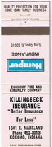 Matchbook Cover Long Grove Il Killingbeck Insurane Kemper Insurance - £0.77 GBP