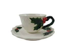 Vintage Chistmas Lefton China Holly Berry Cup &amp; Saucer 1970-1971 #6067 White  - £15.53 GBP