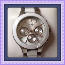 DKNY NY8257 White Dial Chronograph Steel and Ceramic Ladies Watch Needs Battery - £84.11 GBP