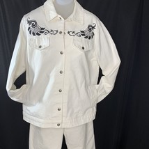Soft Denim Set Size 1X White Embroidered Snap Jacket Jeans 37x29.5 Vintage 80s - £34.13 GBP