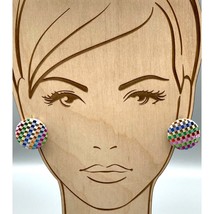 Vintage Rainbow Shimmer Fabric Earrings, Multicolor Checkerboard Buttons, Retro - £25.53 GBP