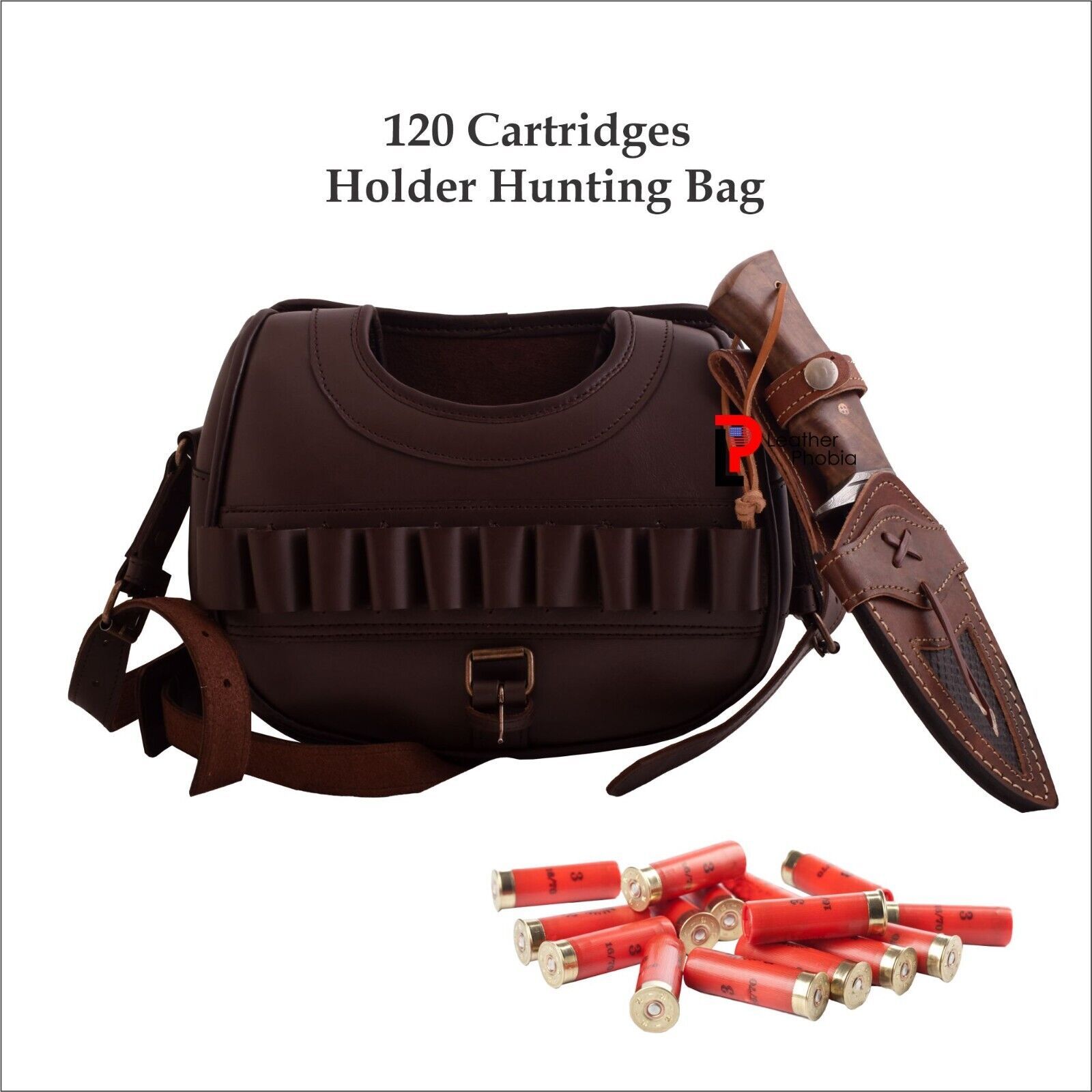 Cow Hide Leather Shotgun 120 Cartridges Holder Hunting Speed Bag &amp; Bobca... - $65.44