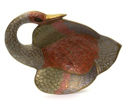 Vintage Solid Thick Brass Enamel Swam Bird Chapped Trinket Dish India 6.5&quot; - £19.76 GBP