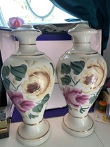 Pair Hand Painted Artist Signed Ceramic Lamp Bases Floral 16&quot; Tall By 7&quot; Wide - $23.38