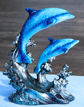 Marine Sea Ocean 2 Blue Dolphins Swimming Over Giant Reef Waves Figurine - £19.92 GBP