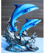 Marine Sea Ocean 2 Blue Dolphins Swimming Over Giant Reef Waves Figurine - $34.17 CAD