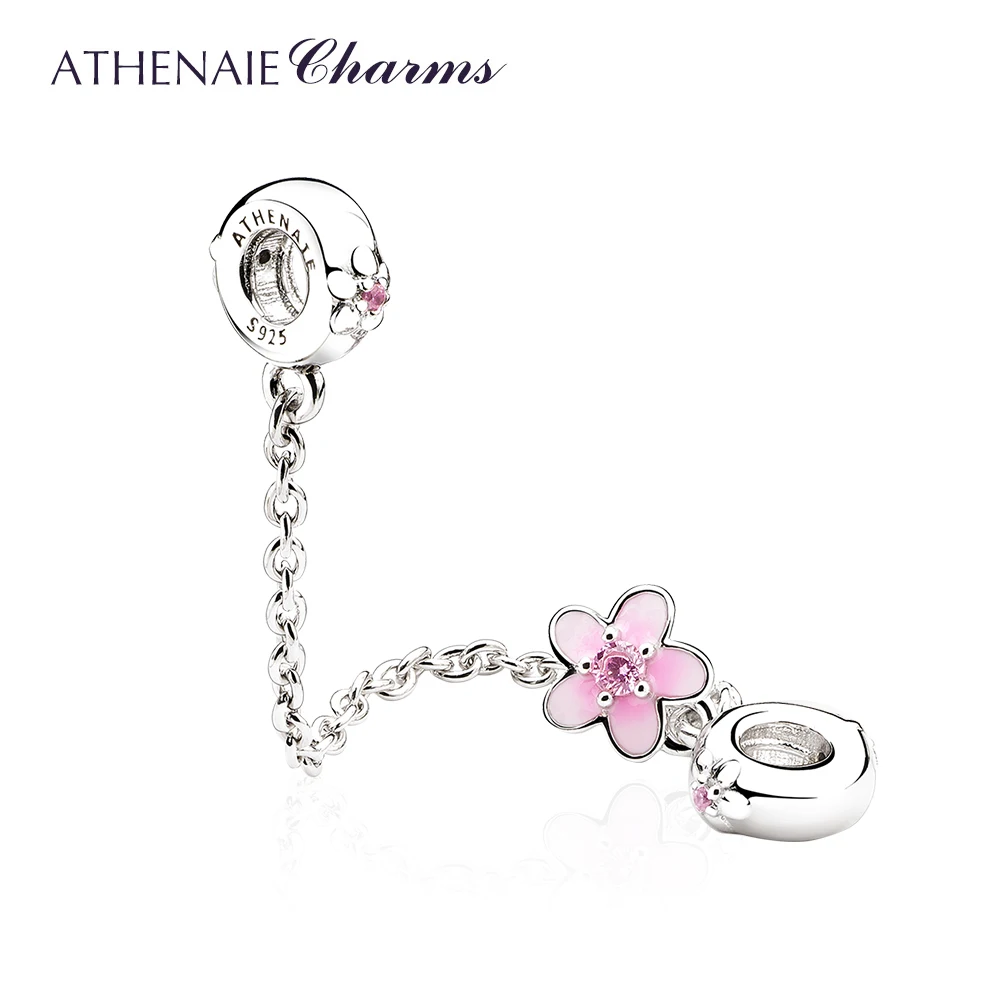 925 Sterling Silver Pink CZ and Enamel Cherry Flower Safety Chain Charms DIY Bea - £39.78 GBP
