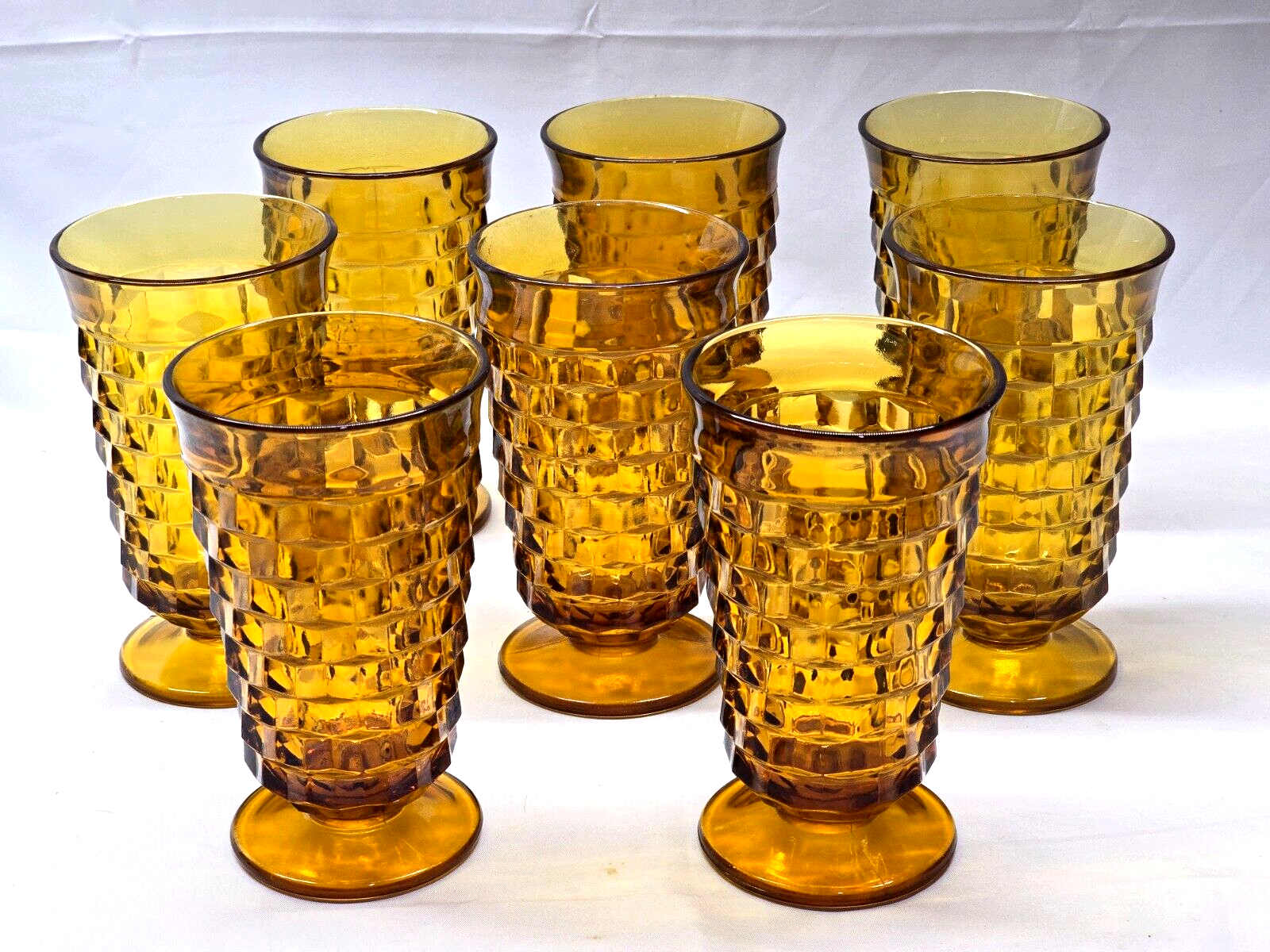 Set Of 8 COLONY WHITEHALL AMBER 6" Glass Iced Tea Tumblers Cube Indiana Glass