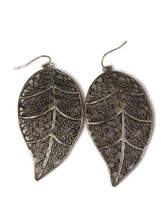 Large Lace Filigree Silver Tone Boho Style Leaf Shaped Dangle Drop Earrings - £12.20 GBP