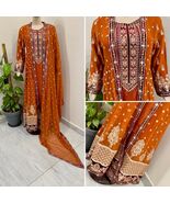 Pakistani Rust chiffon  long Gown shirt Style  Embroidered Sequins  Dres... - $163.35