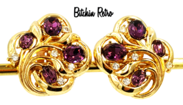 Crown Trifari Vintage Earrings Royal Purple Rhinestones Retro Style - £37.75 GBP