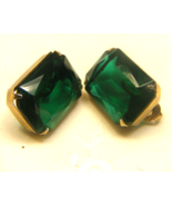 Vintage French Clip Earrings Gold Tone 1&quot; Green Inverted Rhinestone Ston... - $34.64