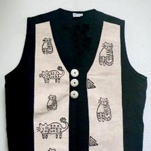 Whimsical Cats Long Cream &amp; Black Vest - Size (Medium) BN-VST102) - $46.00