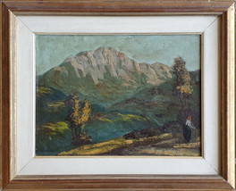 Antique Signed Oil Painting EDOARDO CORTESE (1856-1918) Figure in Mountain Scene - $782.00