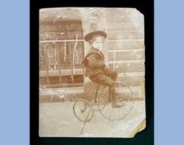 Antique Victorian Photograph~Little Boy On Tricycle ~ Cute Grates On Windows - £27.22 GBP