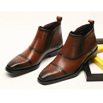 New Men&#39;s Dark Brown Burnished Medallion Cap Toe Vintage Leather Ankle Boots 201 - £115.80 GBP