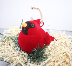 Flocked Red Cardinal Bird Jingle Bell Christmas Ornament Hand Made - £14.32 GBP