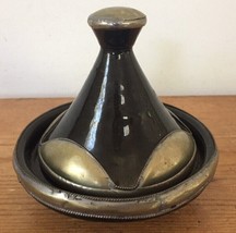 Vtg Moroccan Stoneware Pottery Black Enamel Metal Accents Mini Small Tag... - $36.99