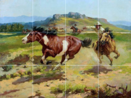 cowboy roping a steer wild horse western adventure ceramic tile mural backsplash - £45.86 GBP+