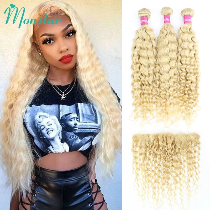 613 Blonde Deep Wave Bundles with 13x6 Lace Frontal Malaysian Curly Remy... - £561.94 GBP
