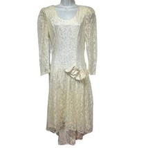 vintage 80s lace long sleeve High Low big bow Wedding dress - $59.39