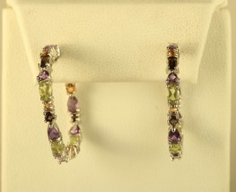 Vtg Sterling Signed 925 Fadi Thailand Multi Gemstone Inside Out Hoop Earrings - £39.46 GBP