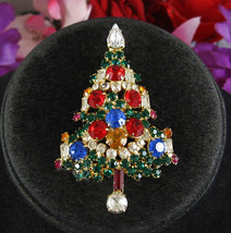 Vintage Pin Warner Christmas Tree Brooch Candles Multi Color Rhinestones - £50.63 GBP