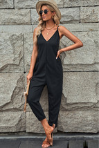 Black Textured Sleeveless V-Neck Pocketed Casual Jumpsuit - $19.29