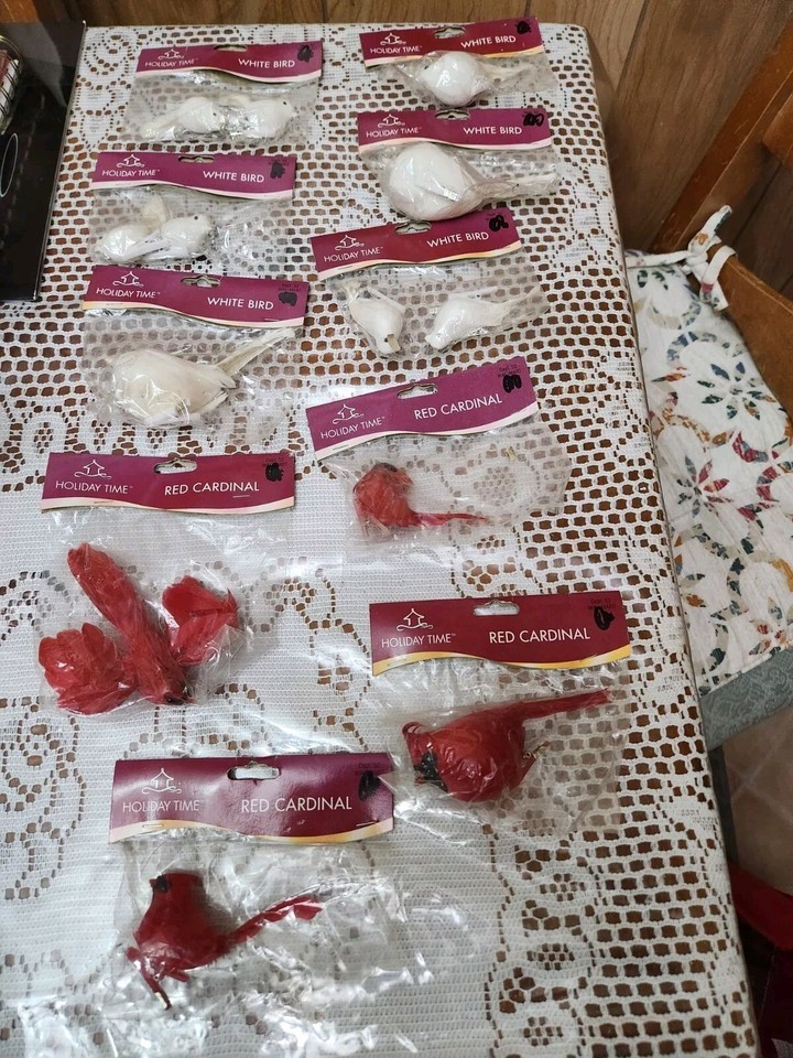 Cotton Feathered Cardinal Red Bird And White Bird Lot Of 10 New Pkgs Item image 2