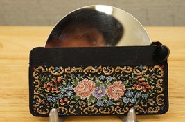 Vintage Petit Point Rose Floral Embroidery Ladies Purse Metal Mirror Com... - £27.25 GBP