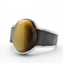 Men&#39;s Natural Tiger&#39;s Eye r ing 925 Sterling Silver Men&#39;s Large Oval Stone Ring  - £39.19 GBP