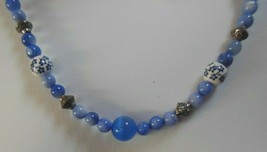 Vintage Blue Cat&#39;s Eye &amp; Floral Art Glass Bead Toggle Necklace - $39.60