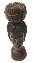 African Signed Hand Carved Wooden Bust Figure Brown Vintage Art Man Basket - $44.29