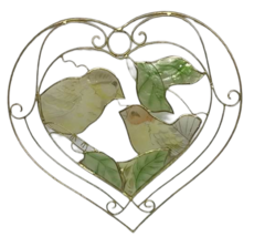 Capiz Shell Love Birds Suncatcher Heart Gold Wire Green Yellow Leaves Window Vtg - £15.88 GBP