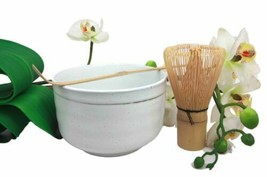 Japanese Traditional Tea Ceremony Matcha White Bowl Set With Whisk &amp; Scoop - £23.16 GBP